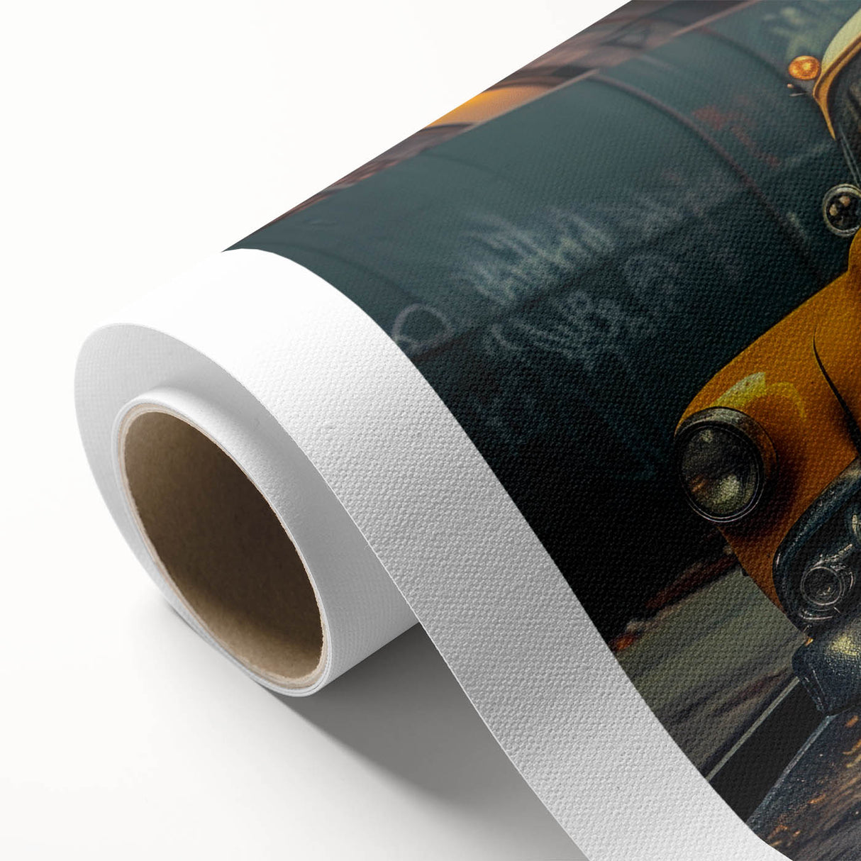 Art deco style poster of vintage cars in muted earth tones, printed on rolled canvas, ideal for nursery wall art.