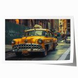 Rolled print of a vintage taxi design in muted yellow and black, ideal for art wall dining room placement.