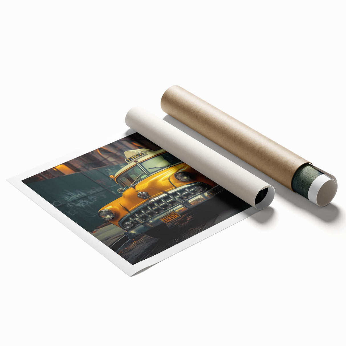 Extra large wall art featuring a vibrant taxi design on a rolled print.