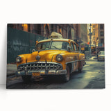 Black and white canvas print of vintage taxis, ideal for kitchen wall art.