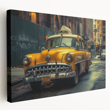 Vintage taxi-themed art on stretched canvas with yellow and black tones, suitable for kitchen wall decor.