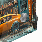 Mid-century modernist acrylic print of abstract vehicles in a monochrome palette, ideal for dining room art.