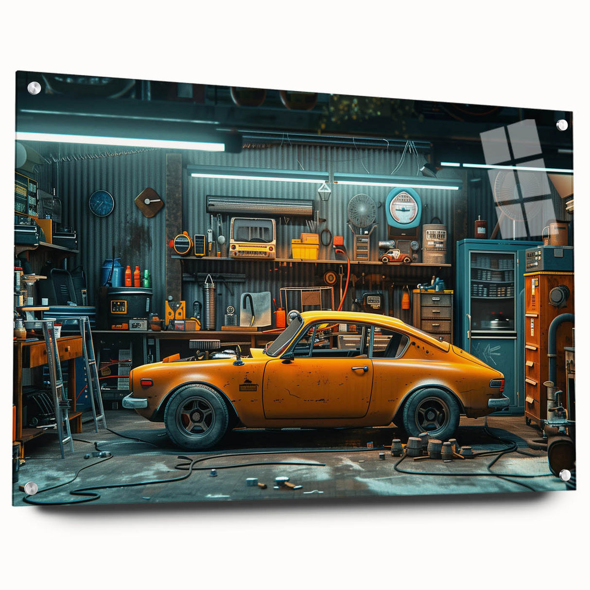 Acrylic print of a side-view taxi in yellow and black, ideal for adding a modern touch to dining room decor.