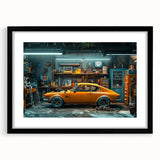 Extra large abstract art print featuring colorful, textured vehicles on a black framed canvas, ideal for living room decor.