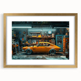 Extra large abstract art print of a stylized cityscape in textured gold and black tones on a framed canvas.