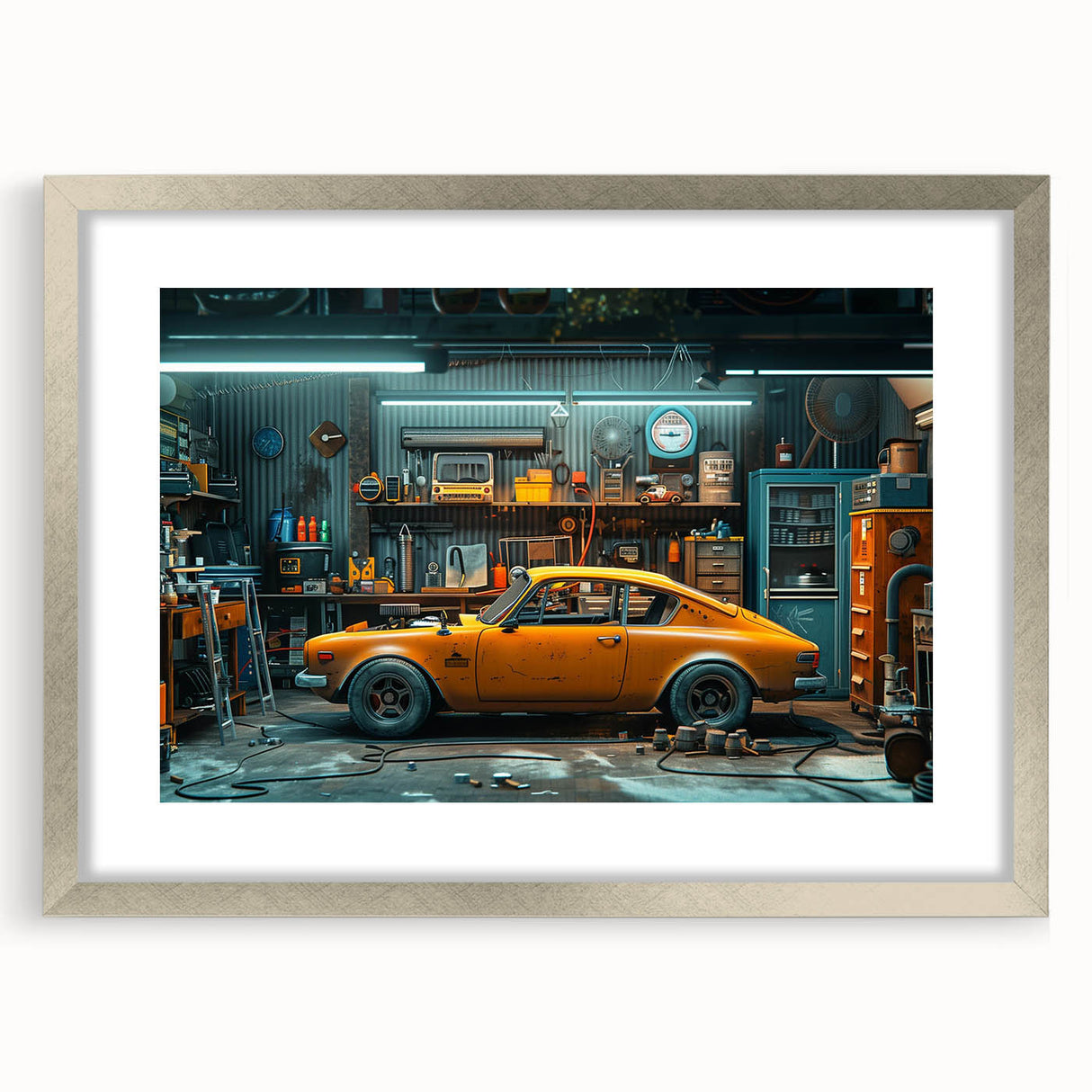 Textured art print of an abstract car and taxi in muted gray and yellow tones on a framed poster, suitable for bedroom decor.