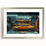 Textured art print of an abstract car and taxi in muted gray and yellow tones on a framed poster, suitable for bedroom decor.