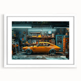 Abstract art print of a stylized yellow taxi on a white framed poster, featuring vivid yellow and black colors.
