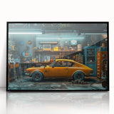 Large abstract wall art featuring a black and yellow taxi, in mid-century modernist style on framed acrylic.