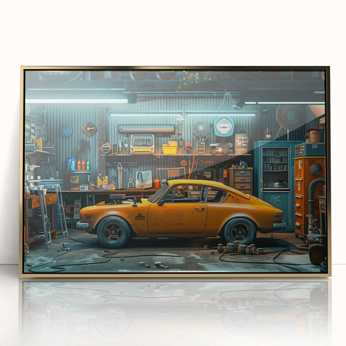 Mid-century modernist style large art print of a vintage car, framed in gold acrylic, ideal for nursery wall decor.