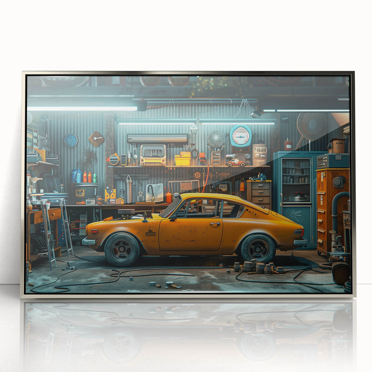 Mid-century modernist art featuring a silver taxi, in a framed acrylic print, suited for nursery wall decor.