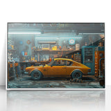 Art deco poster featuring a vintage taxi in black and white, acrylic print framed in white, ideal for nursery wall art.