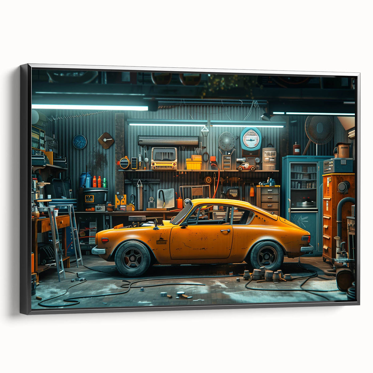 Black and white framed canvas of a vintage taxi, ideal for bedroom wall art in a minimalist style.