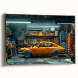 Side view of a vintage car in black and gold on a framed canvas, suitable for bedroom wall art.