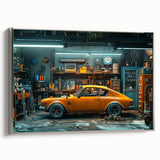 Framed canvas featuring a vintage poster art of a black classic car in colorful, abstract style, ideal for living room decor.