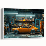 Vintage poster art of a classic car in black and vibrant colors on a large framed canvas, suitable for living room decor.