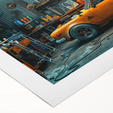 Art deco poster of a vintage yellow taxi, printed on rolled canvas, with monochrome background.