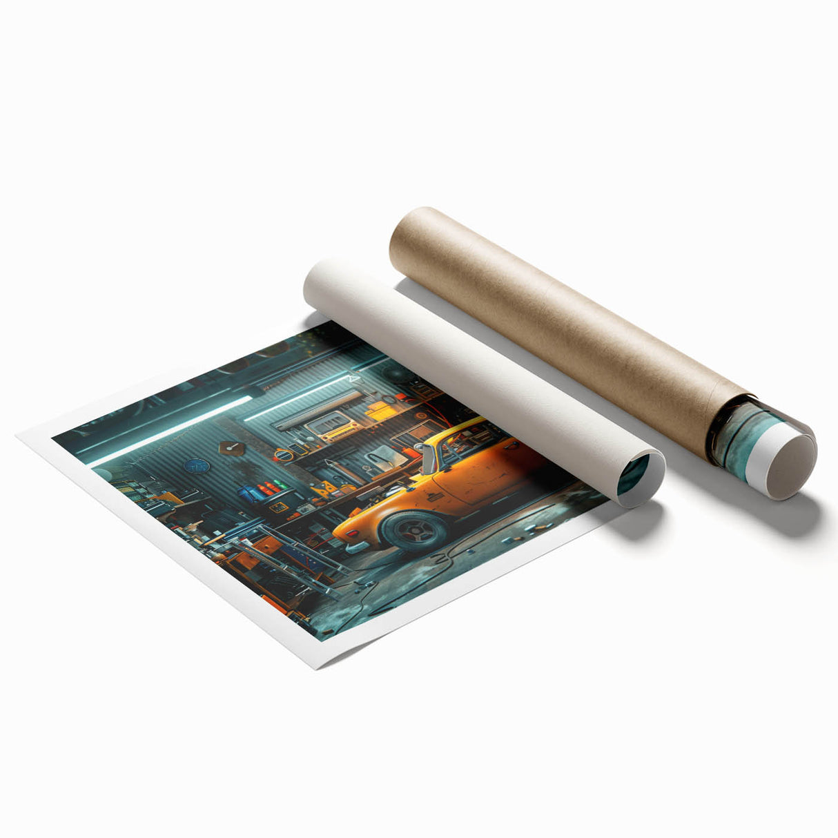 Extra large rolled print featuring a taxi in shades of yellow and black, suitable for bathroom or living room walls.
