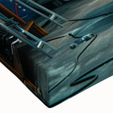 Large art of a black and white taxi in motion on canvas, ideal for bedroom wall decor.