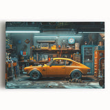 Black and white stretched canvas of a vintage taxi, ideal for kitchen wall art.