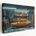 Side view of a yellow taxi in a minimalist style on a stretched canvas, suitable as large kitchen wall art.