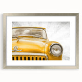 Textured art print of a vintage car in muted sepia tones on a framed canvas, suited for bedroom decor.