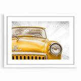Abstract art print of vintage cars in muted colors on a framed white mat, ideal for dining room decor.