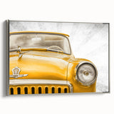 Framed canvas featuring a side view of a silver vintage car on a black background, ideal for decorating a home office.