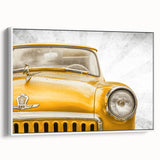 Vintage poster art of colorful classic cars on a black background, framed canvas, ideal for living room decor.