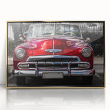 Mid-century modernist art of vintage cars in muted colors on a framed acrylic, ideal for nursery wall decor.