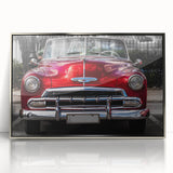Mid-century modernist art featuring a vintage car in muted silver and gray tones on a framed acrylic print.