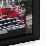 Extra large framed canvas featuring a close-up of a vintage car in black with colorful, textured details.
