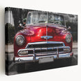 Vintage car print in muted earth tones on stretched canvas, ideal for kitchen wall art.