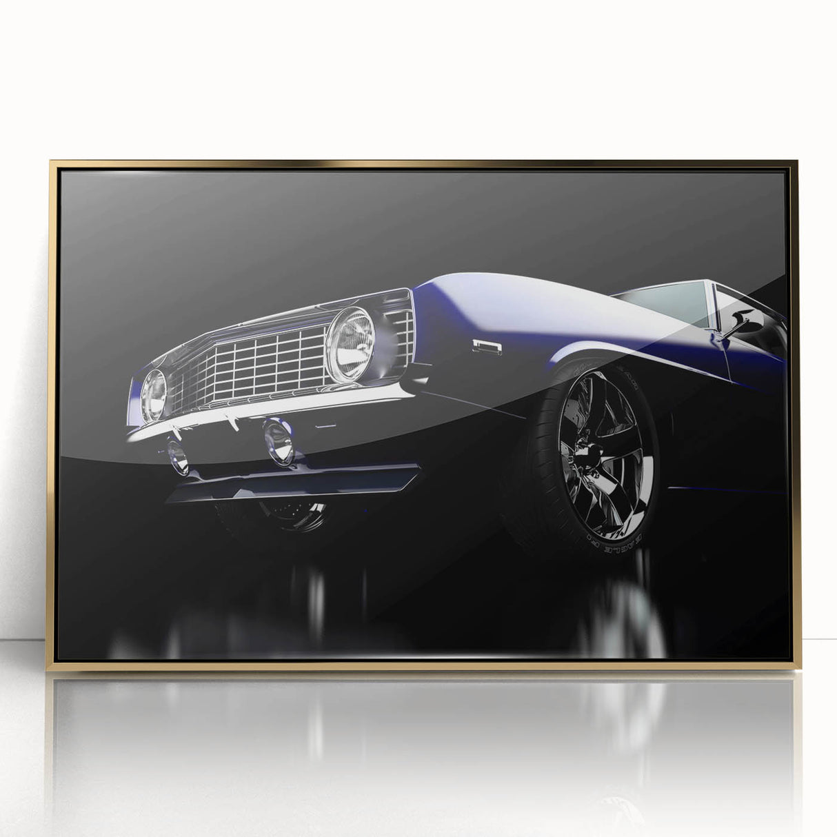 Mid-century modernist art of vintage cars in muted gold tones on a framed acrylic, suitable for nursery wall decor.