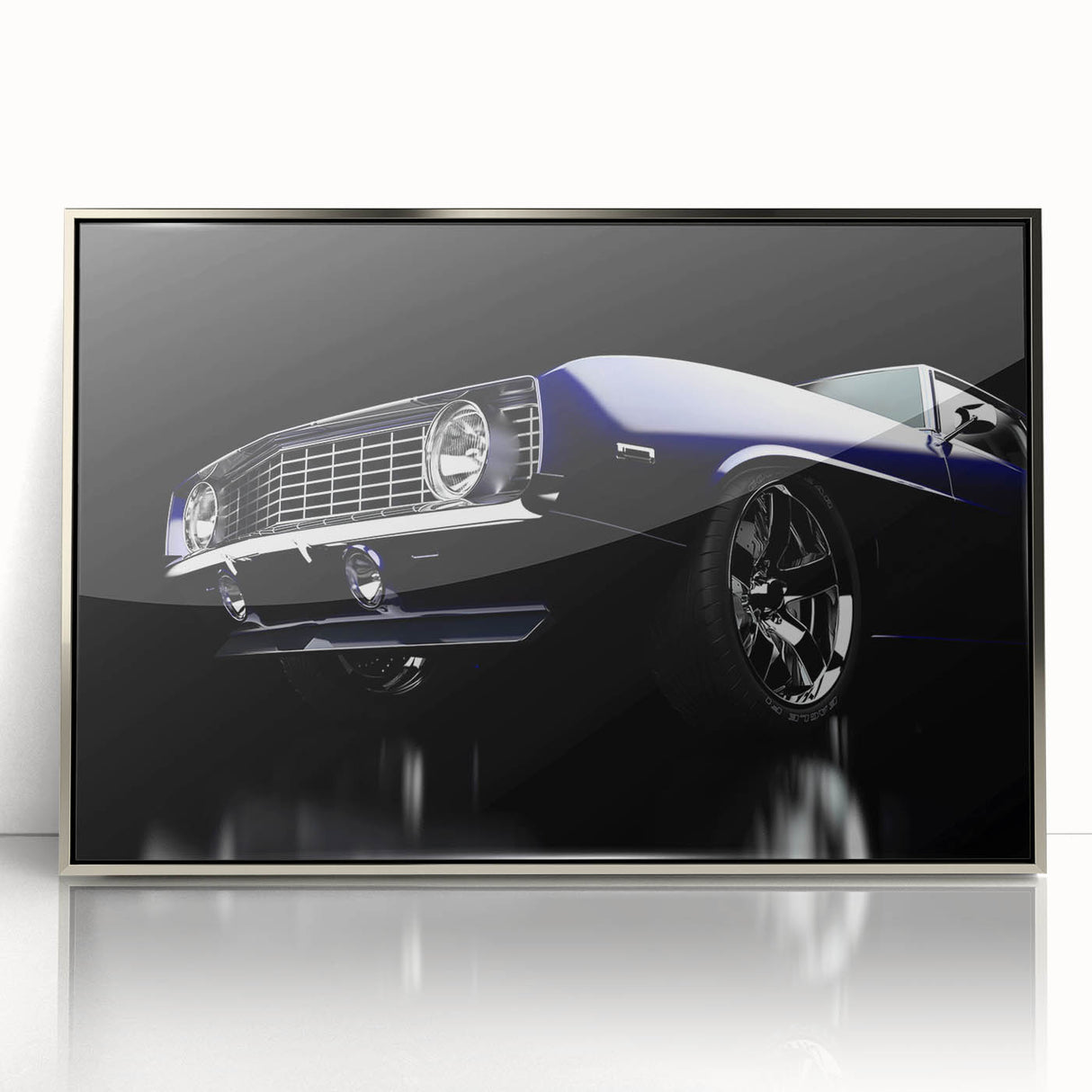 Mid-century modernist art featuring a vintage car in silver and black tones on a framed acrylic.