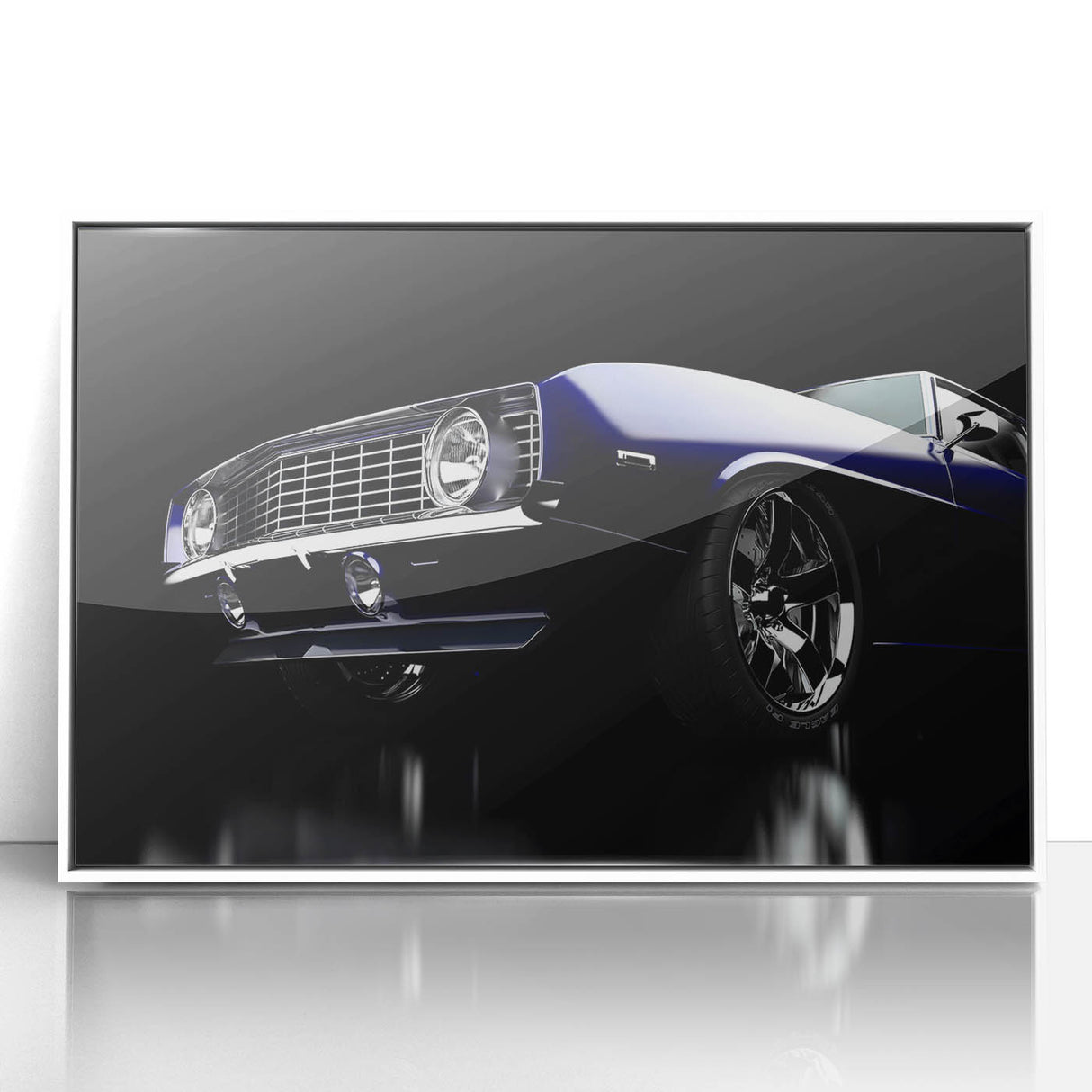 Art deco poster of a vintage car in muted silver and black tones, framed acrylic.