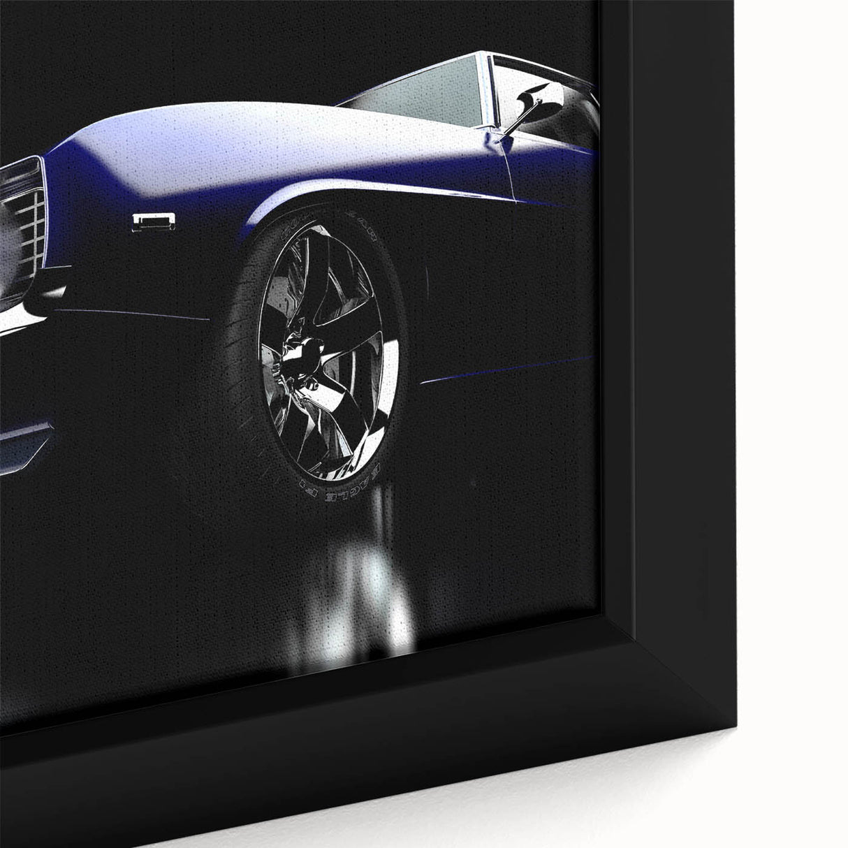 Extra large framed canvas featuring a close-up of a vintage car in black with colorful, textured details.