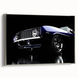 Vintage car depicted in colorful art on a black background, framed canvas, ideal for an automotive-themed office.