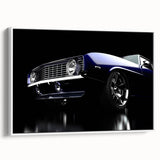 Vintage poster art of colorful classic cars on a black background, framed canvas, ideal for living room decor.