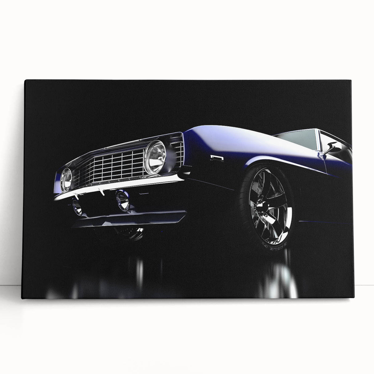 Black and white vintage car print on stretched canvas, ideal for kitchen wall art or bedroom decor.