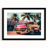 Extra large abstract art print of colorful vintage cars on a textured canvas, framed in black, ideal for living room decor.