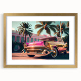 Extra large wall art featuring a vintage car in textured abstract style, with gold frame, ideal for living room decor.