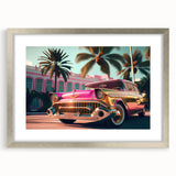 Textured art print of a vintage car in muted sepia tones on a framed canvas, suitable for bedroom wall decor.
