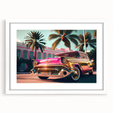 Abstract art print of vintage cars in muted earth tones on a framed white mat, ideal for dining room decor.