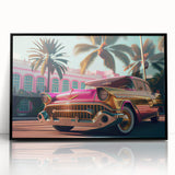 Large abstract wall art featuring a collection of vintage cars in monochrome, framed in black acrylic.