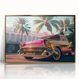 Mid-century modernist style large art print of vintage cars in muted colors on a framed acrylic.