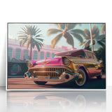 Art deco poster of vintage cars in neutral tones, acrylic print framed in white, suitable for modern art wall decor.