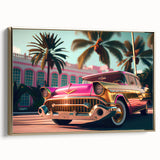 Vintage car depicted in gold and black tones on a framed canvas, suitable for bedroom wall art.