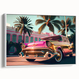 Framed canvas of a side view of a vintage car in black and colorful hues, ideal for extra large living room wall art.