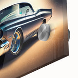 Mid-century modernist art of vintage cars in muted colors on large acrylic glass, ideal for dining room art.